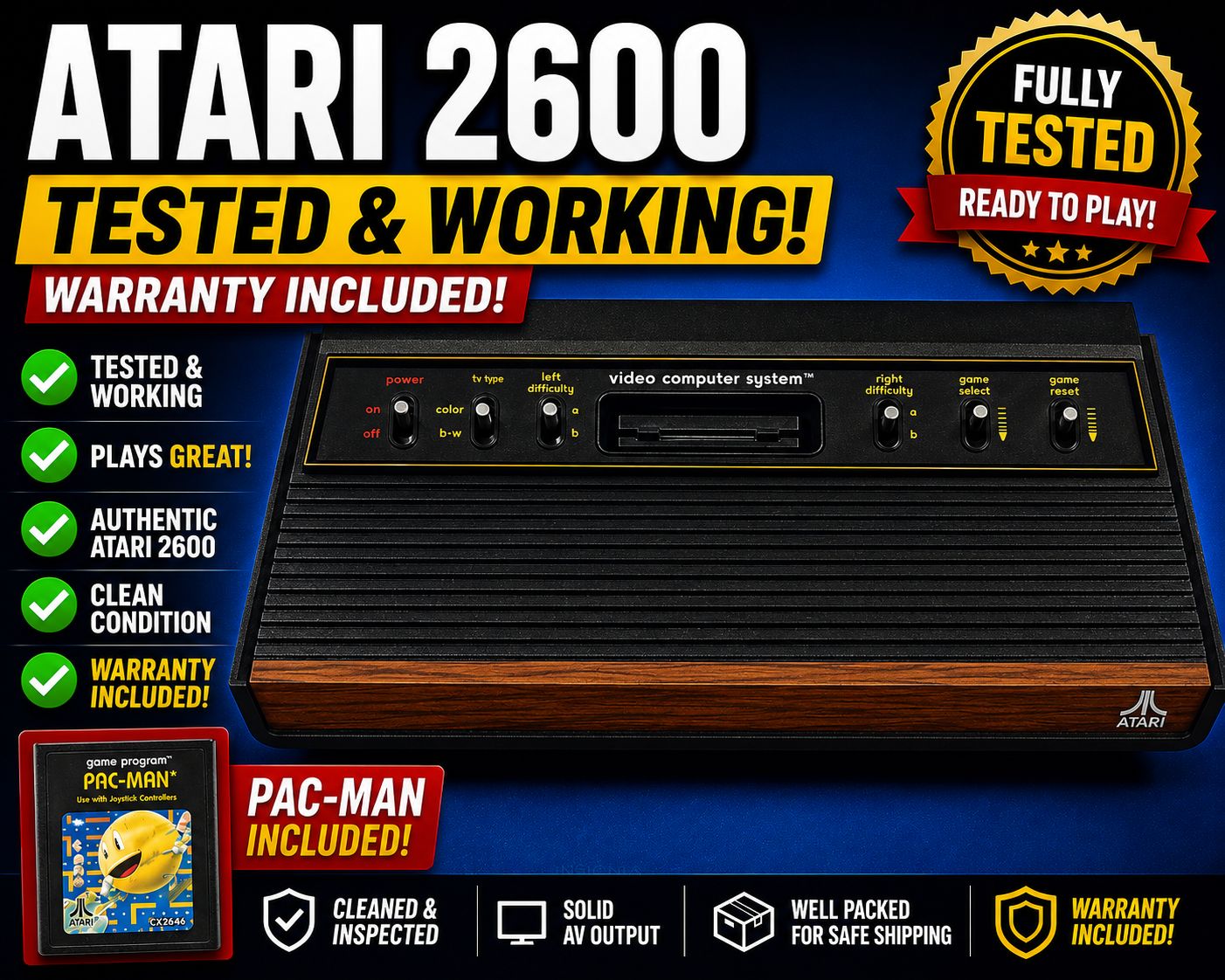 Atari 2600 Console Tested Working + Pac-Man + Warranty Vintage Video Game System