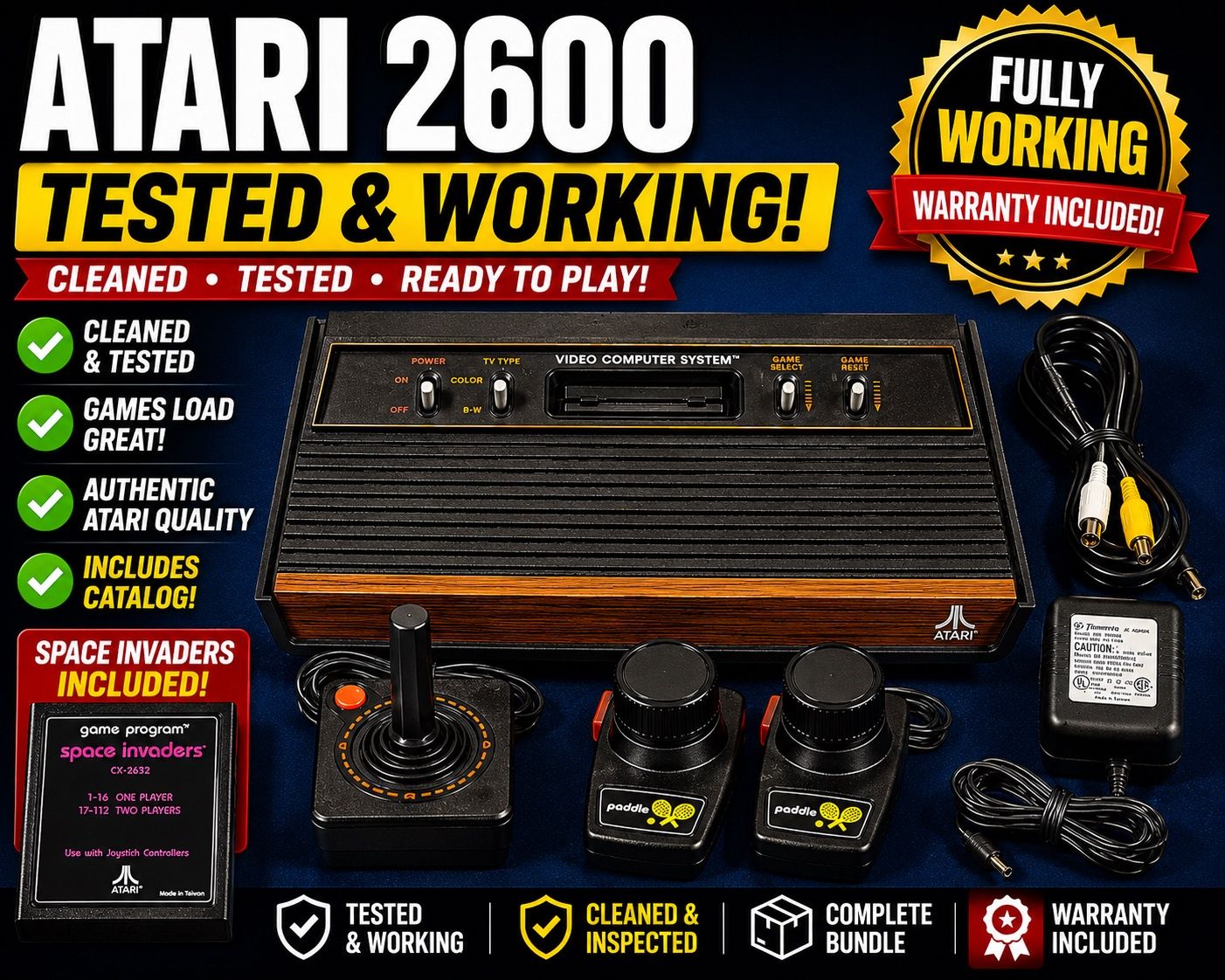 Atari 2600 Heavy Sixer Console Bundle – Tested &amp; Working – Space Invaders Included + Warranty 3529