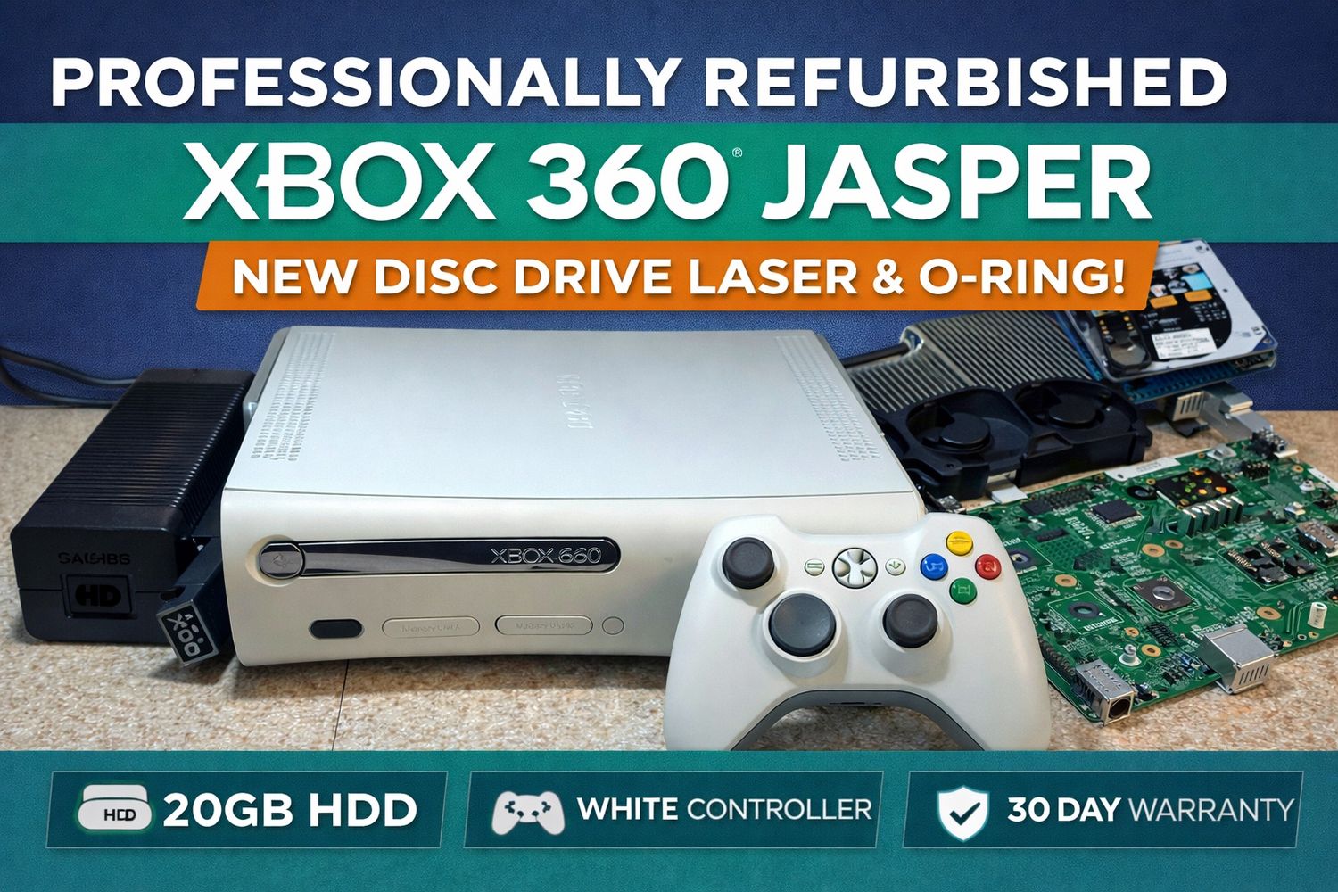 Refurbished Xbox 360 Jasper Console Bundle w/ White Controller + Warranty 83605