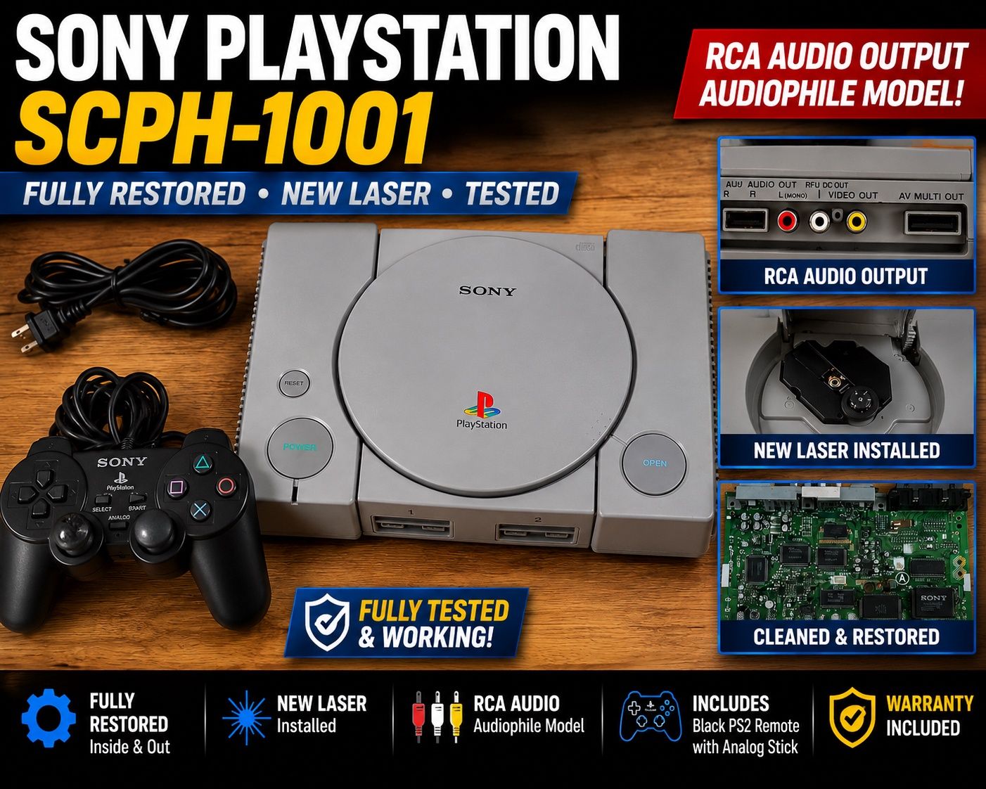 Sony PlayStation PS1 SCPH-1001 Restored New Laser Tested Working + Controller 1271