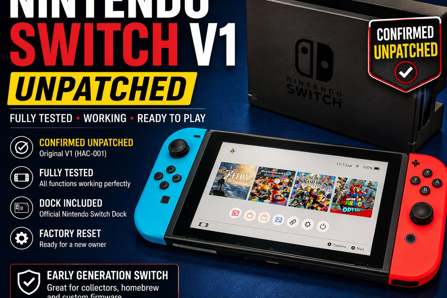 Nintendo Switch V1 Unpatched (HAC-001) Bundle – Dock Included