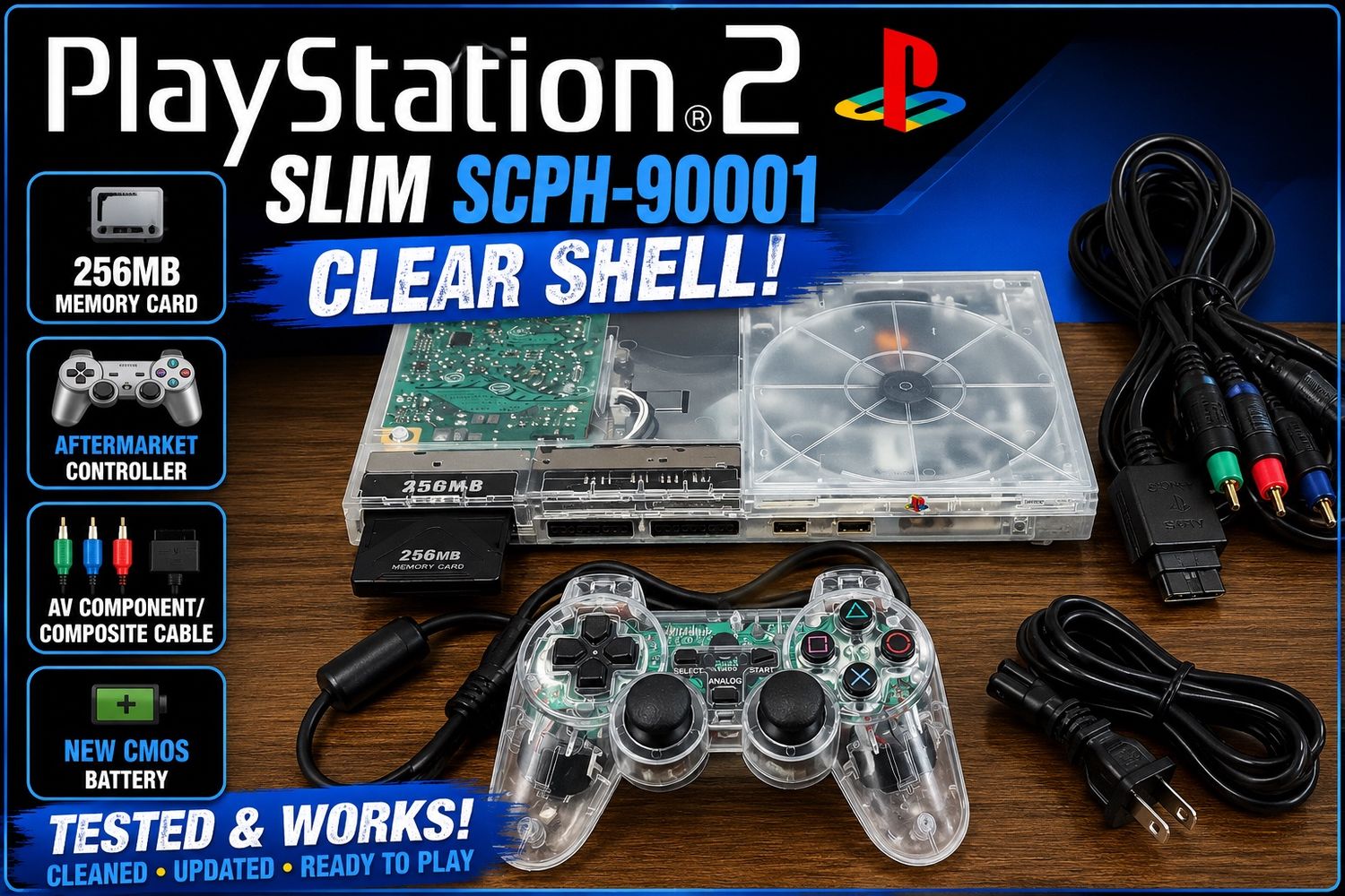 Sony PlayStation 2 PS2 Slim SCPH-90001 Clear Shell Console Bundle Tested Works
