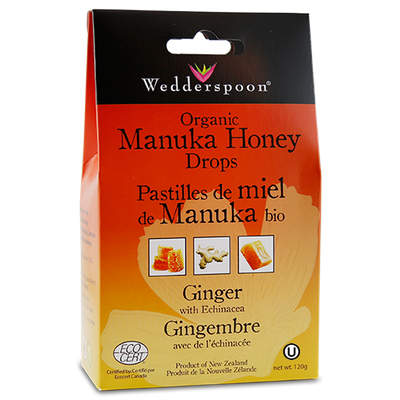WEDDERSPOON ORGANIC MANUKA HONEY DROPS GINGER &amp; ECHINACEA 120G