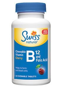 SWISS NATURAL VITAMIN B12 AND FOLIC ACID 60 CHERRY CHEWABLE TABS