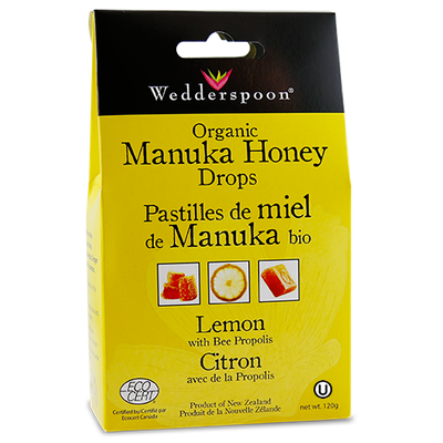 WEDDERSPOON ORGANIC MANUKA HONEY DROPS LEMON &amp; BEE PROPOLIS 120G