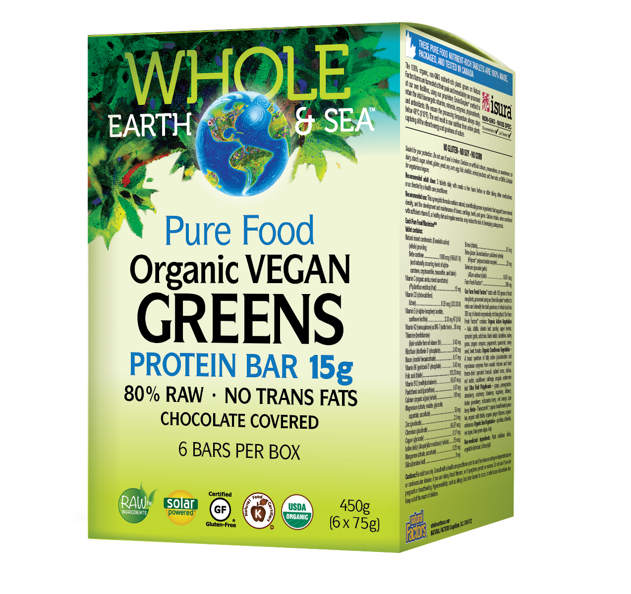 WHOLE EARTH &amp; SEA ORGANIC VEGAN GREEENS PROTEIN BAR 15G (6X75 BOX)