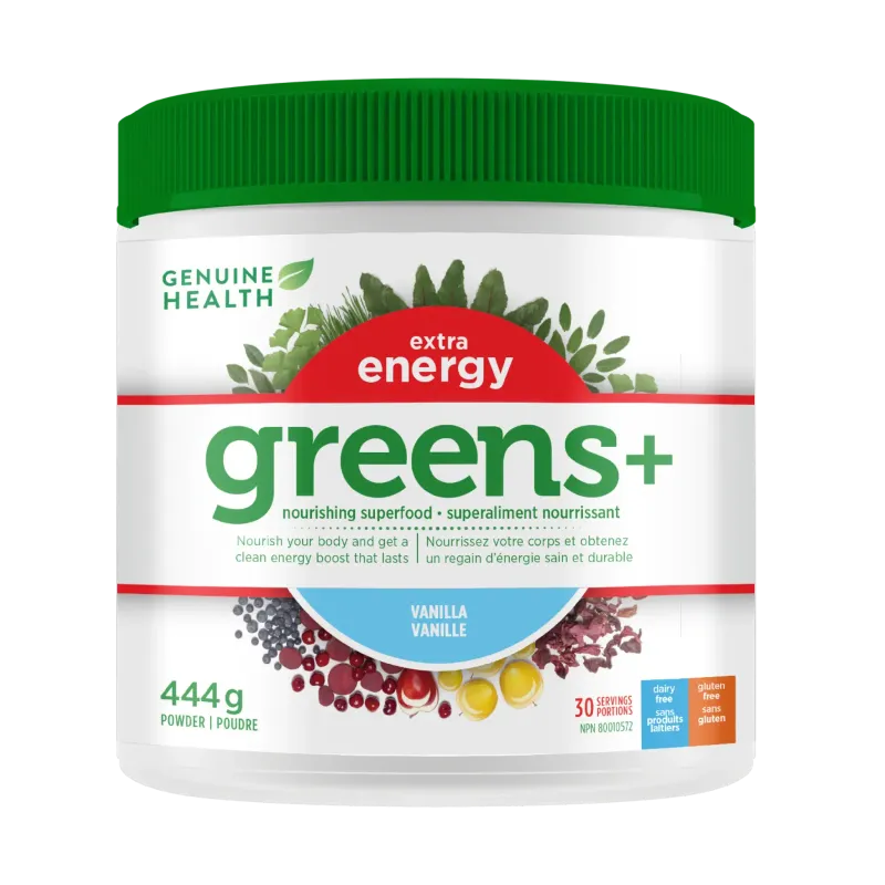 GENUINE HEALTH EXTRA ENERGY GREENS+ VANILLA  444G (30 SERVINGS)