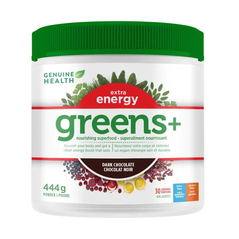 GENUINE HEALTH EXTRA ENERGY GREENS+ DARK CHOCOLATE  444G (30 SERVINGS)