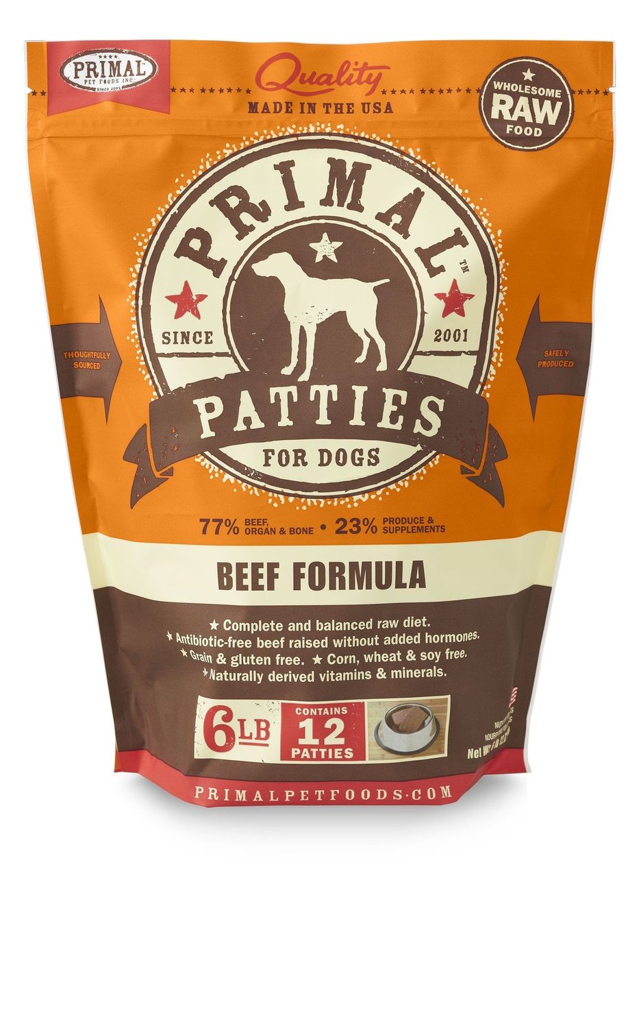 Primal Raw Frozen Canine Patties, Bag Size: 6 lb, Flavor: Beef Formula