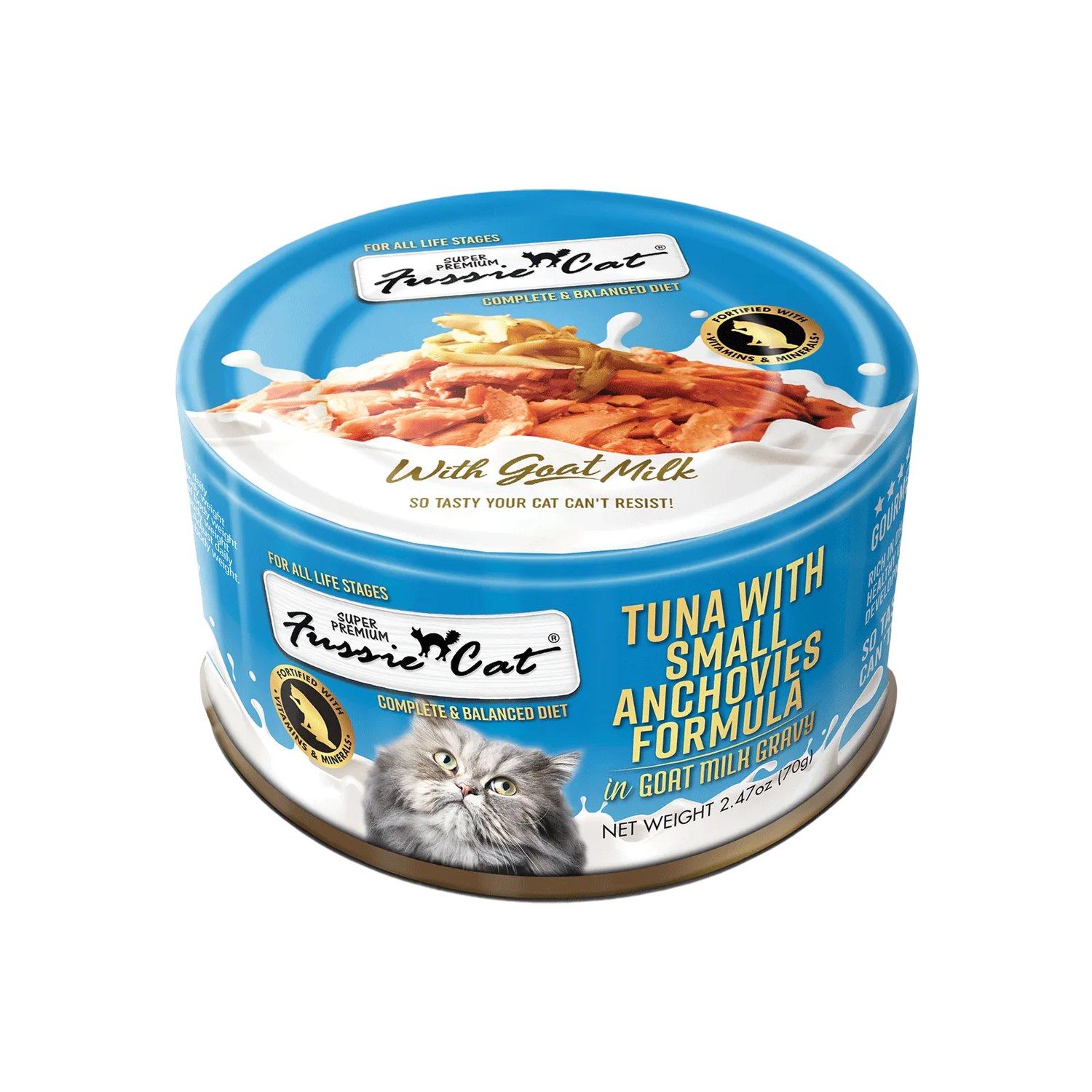 Fussie Cat Canned Food 2.47 oz Tuna w/ Anchovies in Goats Milk Gravy