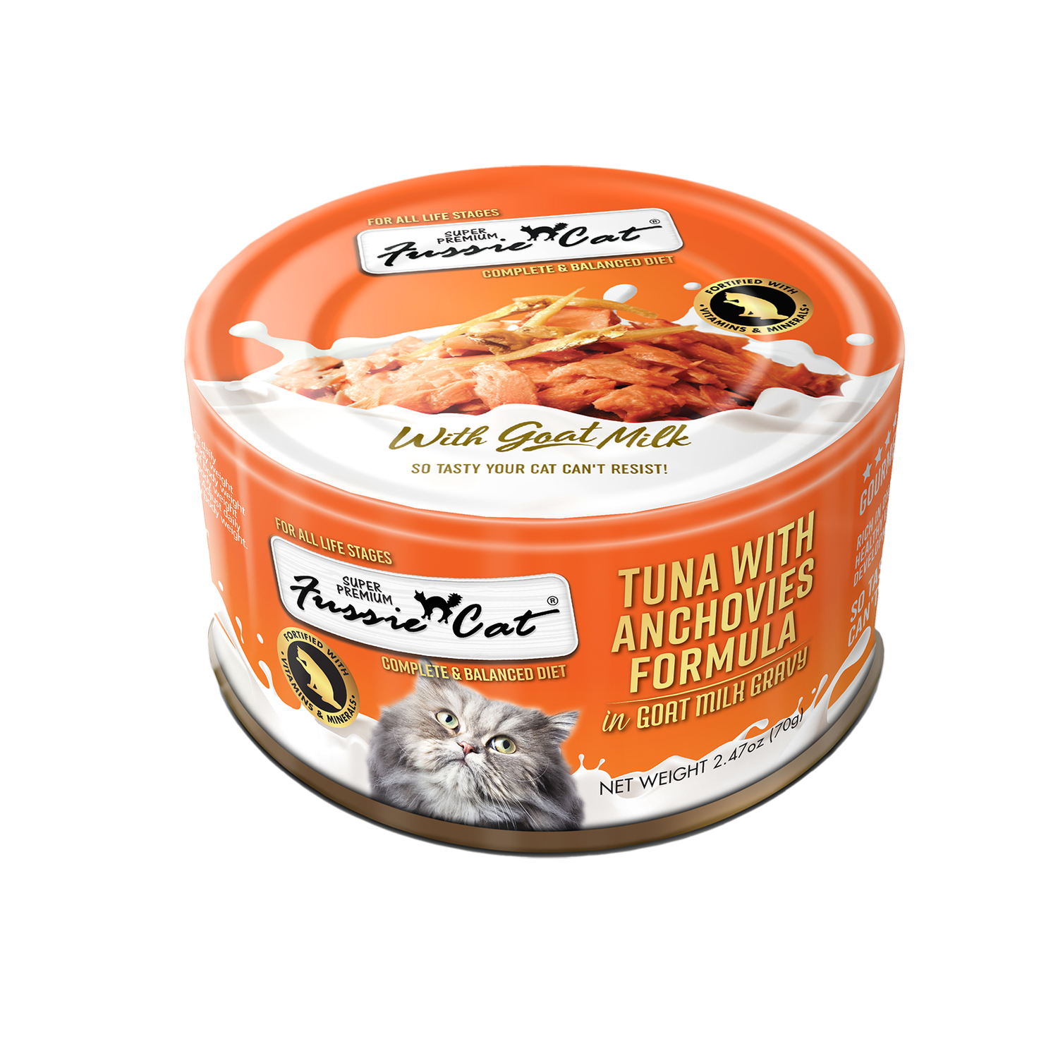 Fussie Cat Canned Food 2.47 oz Tuna w/ Anchovies in Goats Milk Gravy