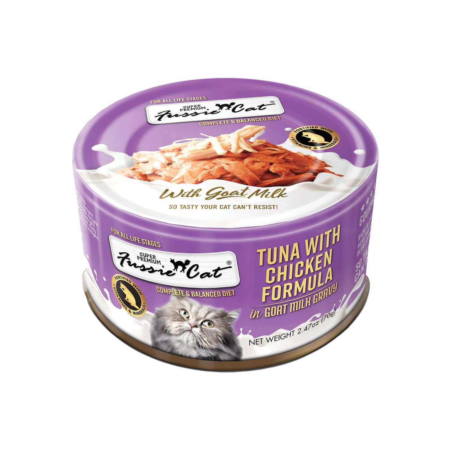 Fussie Cat Canned Food 2.47 oz Tuna w/Chicken in Goats Milk Gravy
