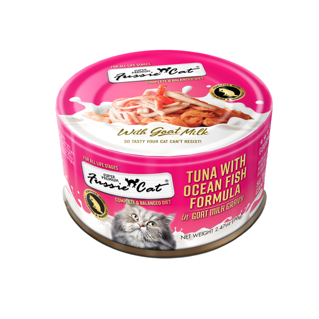 Fussie Cat Canned Food 2.47 oz Tuna w/Ocean fish in Goats Milk Gravy