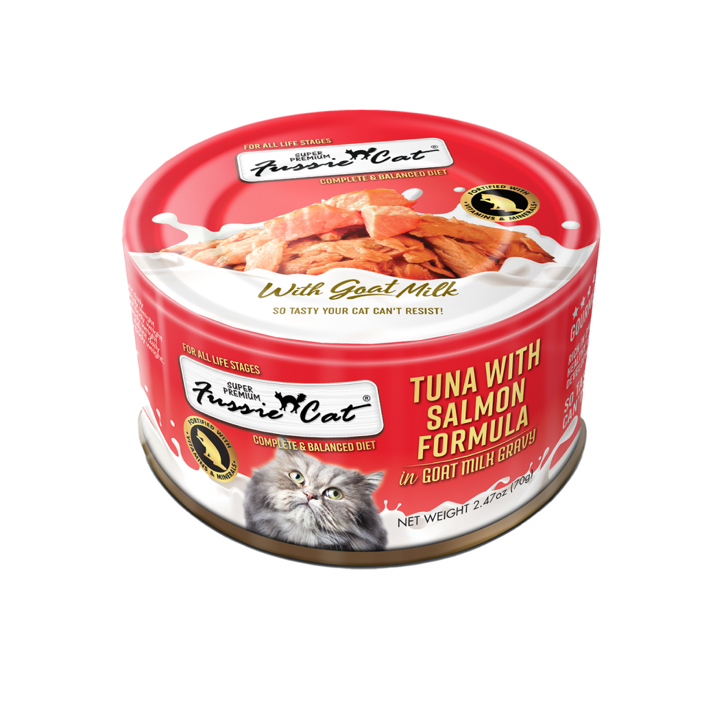 Fussie Cat Canned Food 2.47 oz Tuna w/Salmon in Goats Milk Gravy