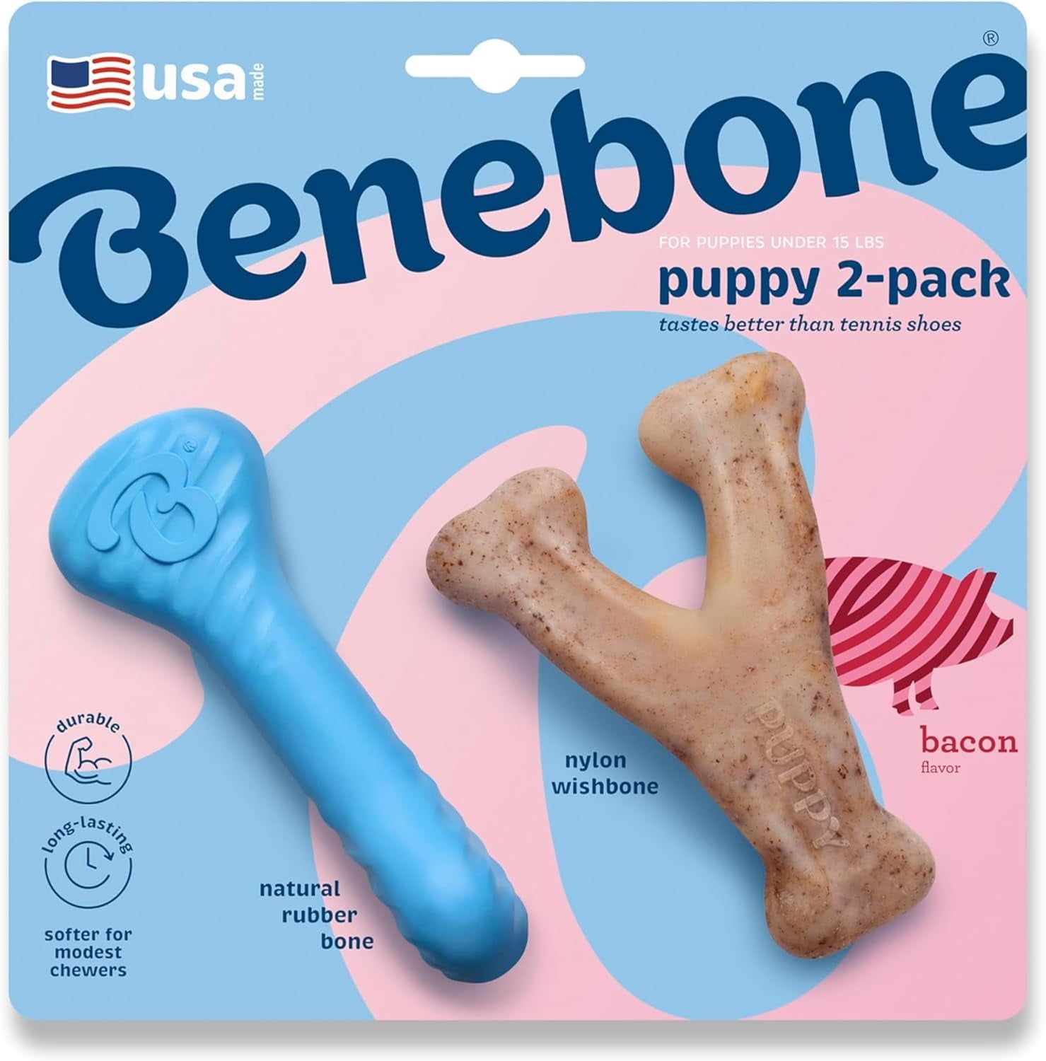 Benebone Puppy Bacon Wishbone/Rubber Bone 2 pk