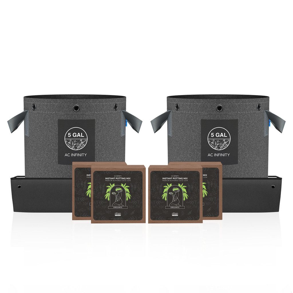 AC Infinity Instant Potting Mix Kit, 2-Plant Starter Set with Premium Buffered Coco Coir Bricks, 5-Gallon Fabric Pots, and Waterproof Tray