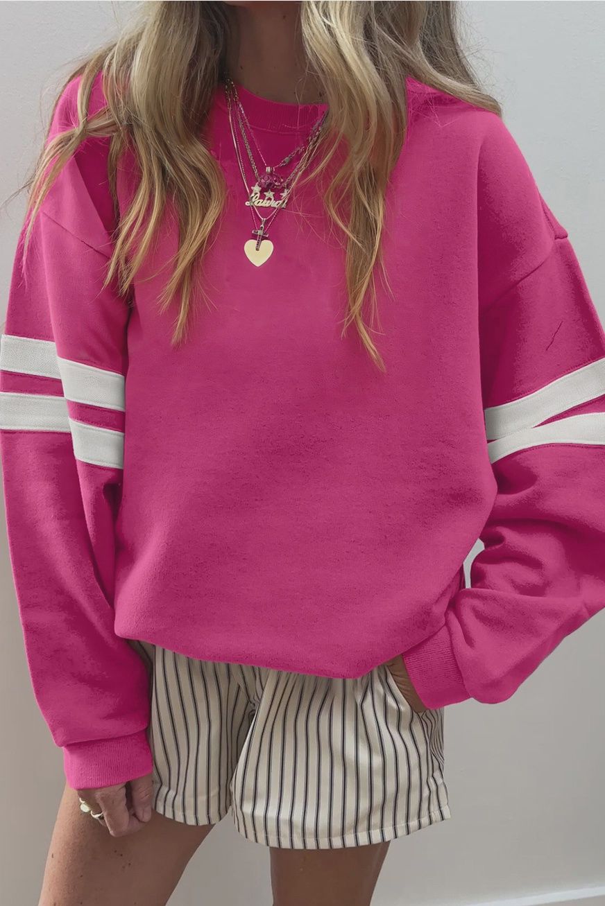 66 Varsity Striped Drop Shoulder Oversized Sweatshirt - Pink, Size: S