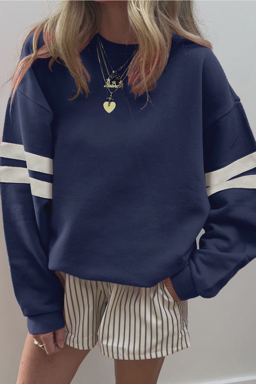 66 Varsity Striped Drop Shoulder Oversized Sweatshirt - Blue, Size: S