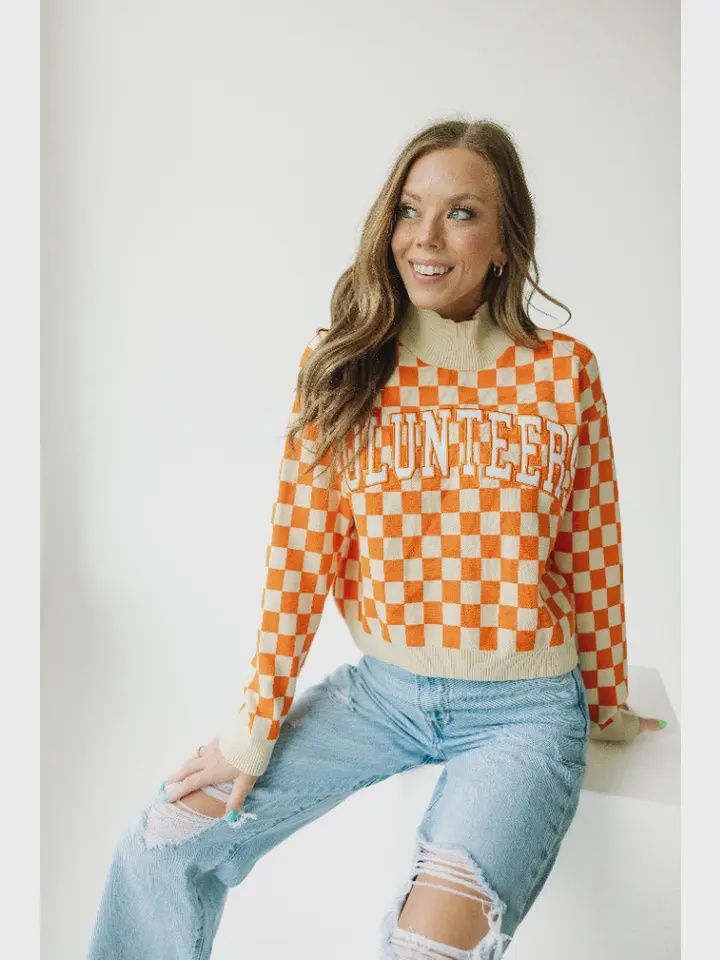 Tennessee Checkerboard Cropped Crew Sweater, Size: S