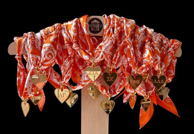 Sorority Scarf with Engraved Greek Letter Gold Heart Charm