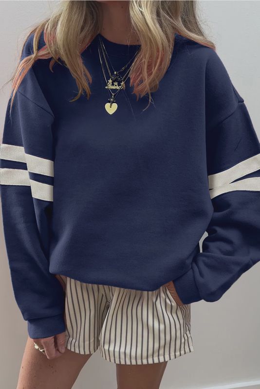 66 Varsity Striped Drop Shoulder Oversized Sweatshirt - Blue