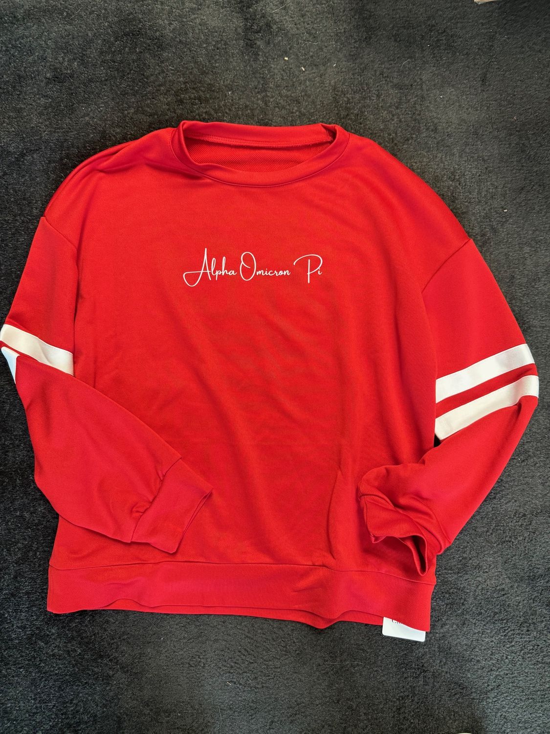 Varsity Stripe Color Block Drop Sholder Sweatshirt - Red, Size: S, Sorority: Alpha Omicron Pi