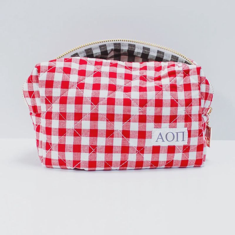 Alpha Omicron Pi Sorority Gingham Quilted Makeup Bag