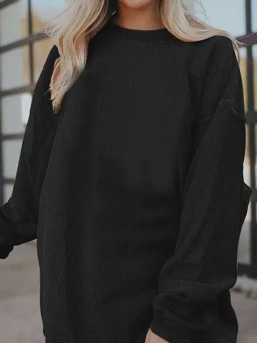 Long Sleeve Ribbed Corded Oversized Sweatshirt, Colour: Black, Size: S