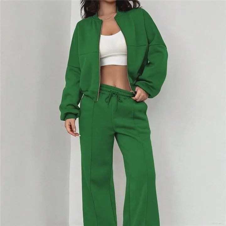 Zip-Up Top and Long Pants Set For Active Wear