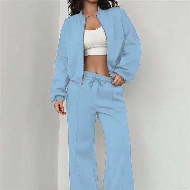 Zip-Up Top and Long Pants Set For Active Wear