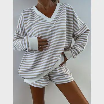 Striped Long Sleeved V-Neck Top Sports Shorts Two-Piece Set