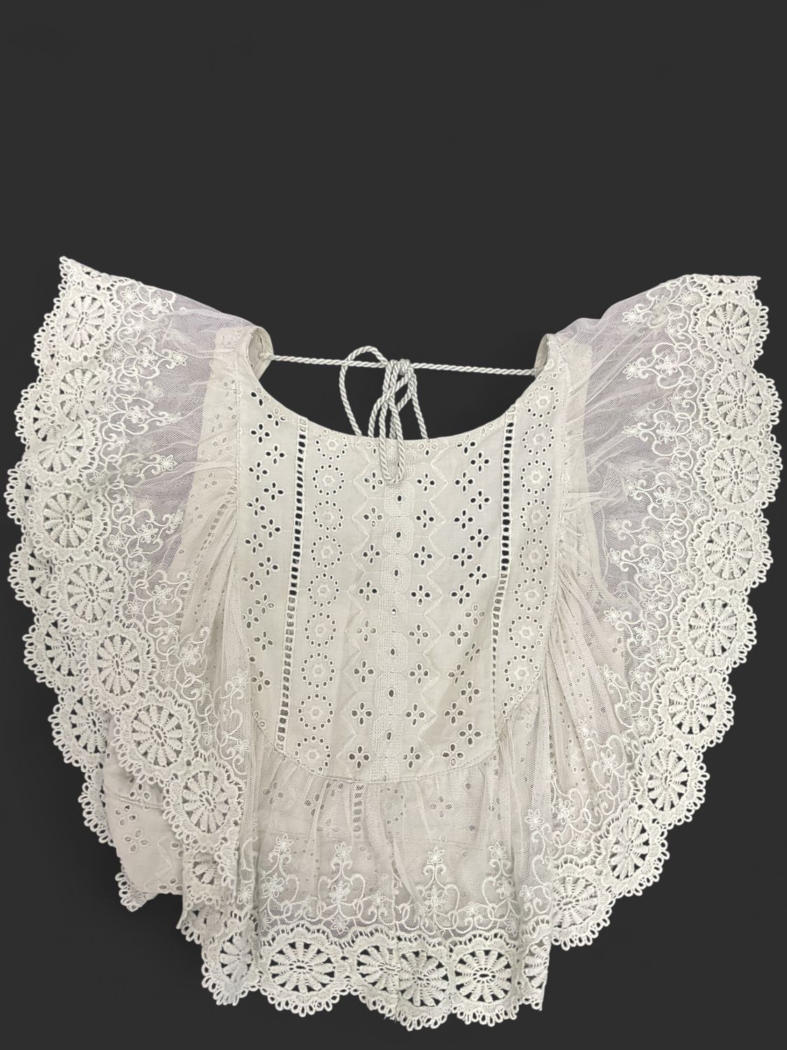 Altar’d State Lace Eyelet Boho Crop Top | XS | Cream Crochet Flutter Sleeve