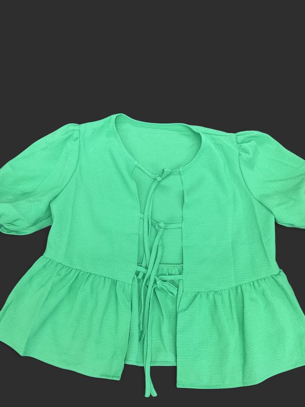 SHEIN Green Tie Front Peplum Blouse | Size Small | Puff Sleeve Cottagecore Top
