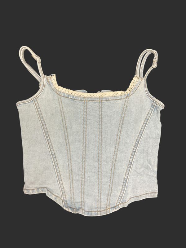 Cider Denim Corset Crop Top | Light Wash Blue | Lace Trim | XS