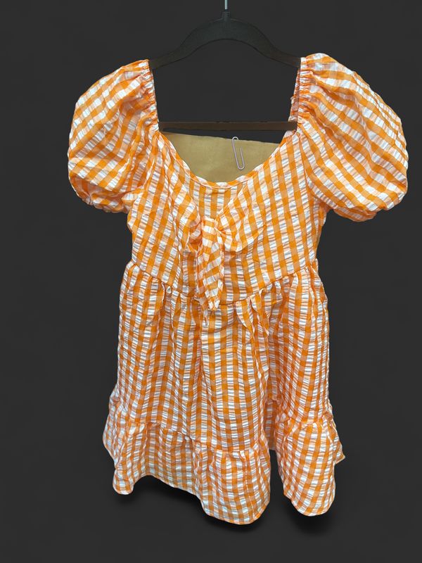 HEIN Orange &amp; White Gingham Babydoll Mini Dress | XS | Puff Sleeve
