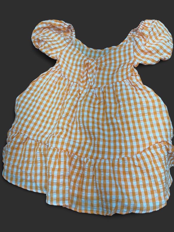 HEIN Orange &amp; White Gingham Babydoll Mini Dress | XS | Puff Sleeve