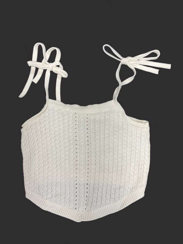 RSO Cream Knit Tie-Shoulder Crop Tank | Size XS | Boho Summer Sweater Top