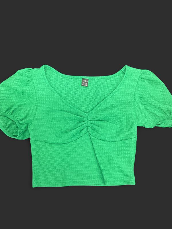 SHEIN Emerald Green Textured Puff Sleeve Crop Top | Size XS | Cottagecore