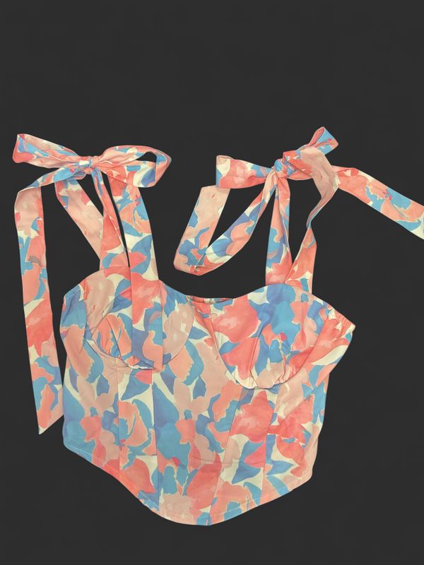 SHEIN Tie-Shoulder Corset Crop Top | Pink &amp; Blue Floral Print | XS | NWT