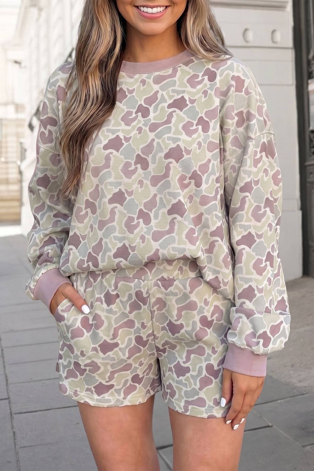 Camo Print Long Sleeve Top &amp; Shorts Set | S-XL &amp; Plus 1X-4X: Green / L