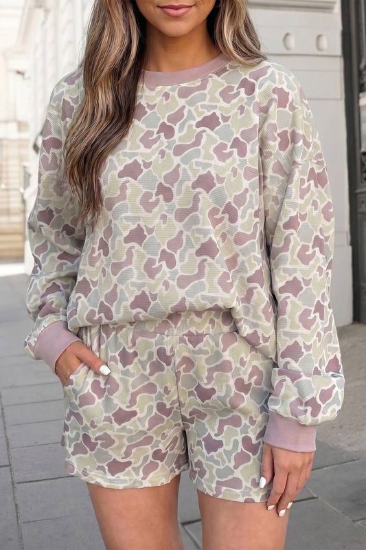 Camo Print Long Sleeve Top &amp; Shorts Set | S-XL &amp; Plus 1X-4X: Green / L