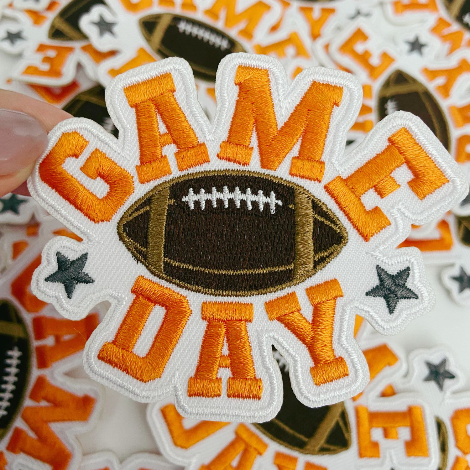 3" GAME DAY football in Orange -  Embroidered Hat Patch: QTY 1
