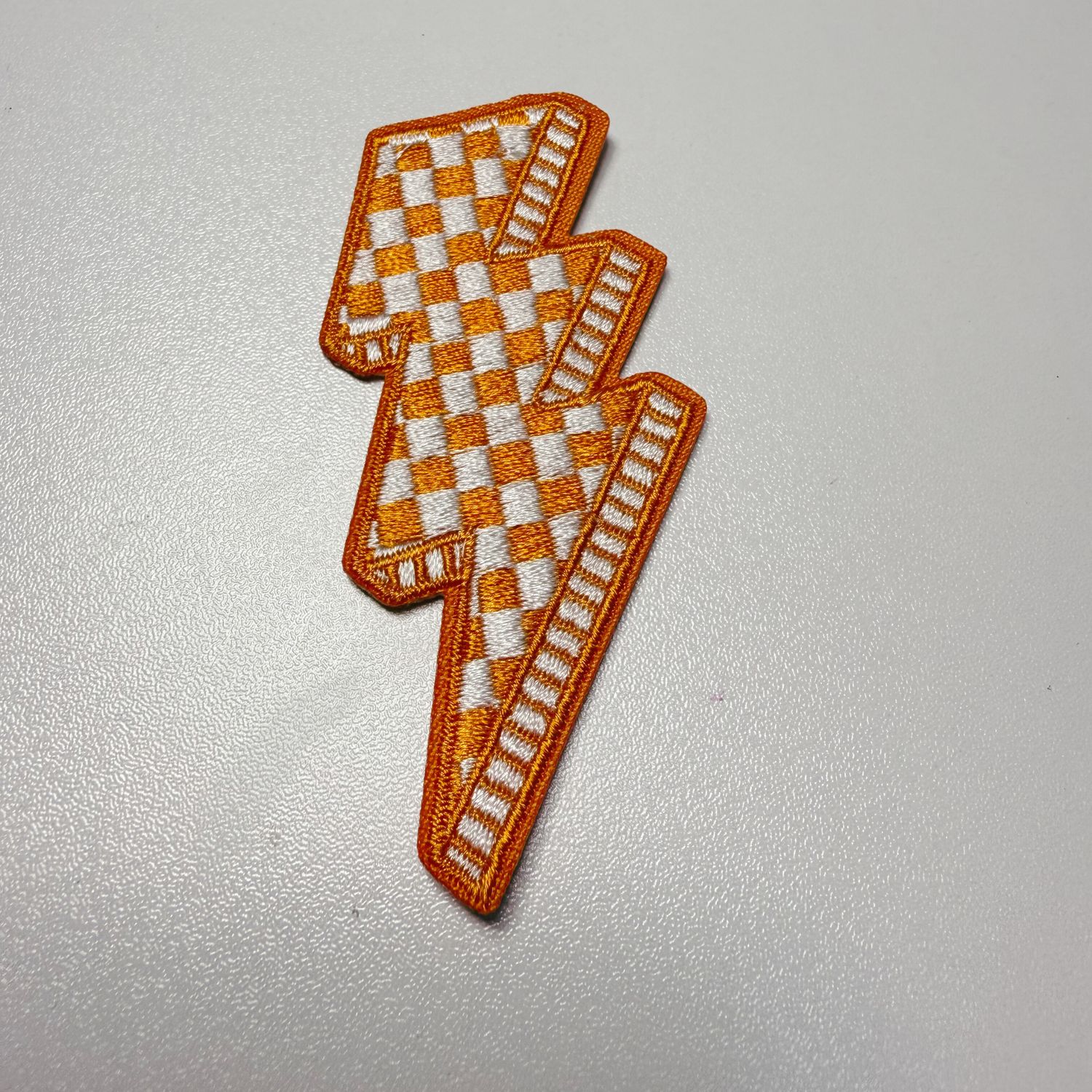 3” Checkered Lightning - Orange &amp; white  - Embroidered Hat Patch: Embroidered Patch