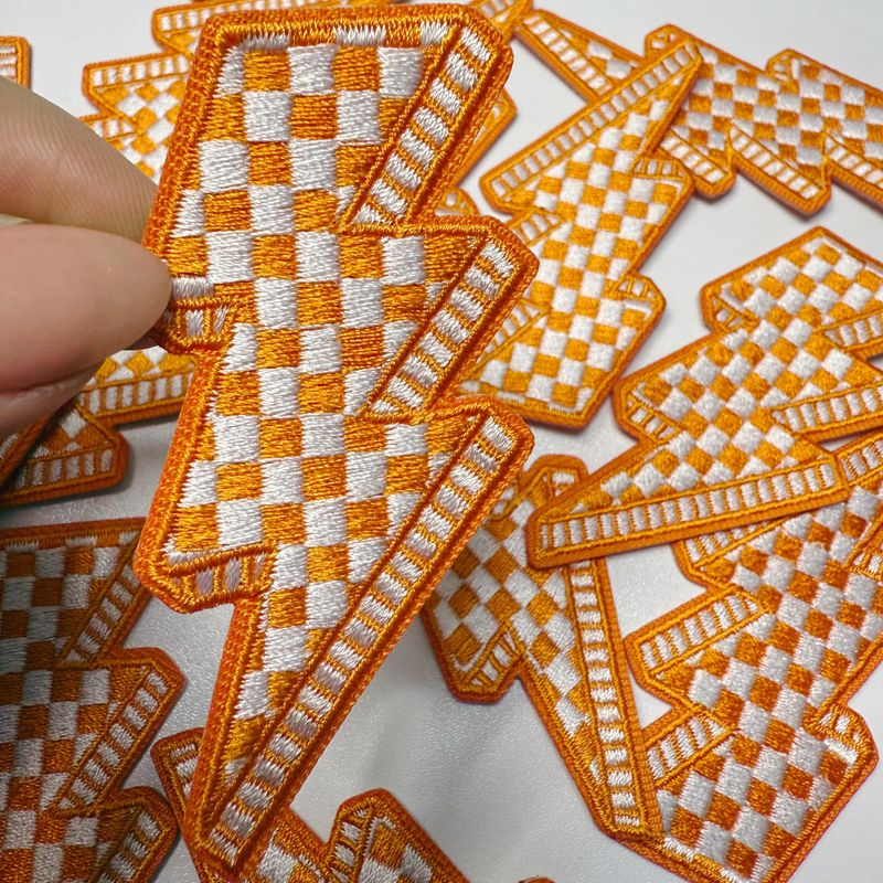3” Checkered Lightning - Orange &amp; white  - Embroidered Hat Patch: Embroidered Patch