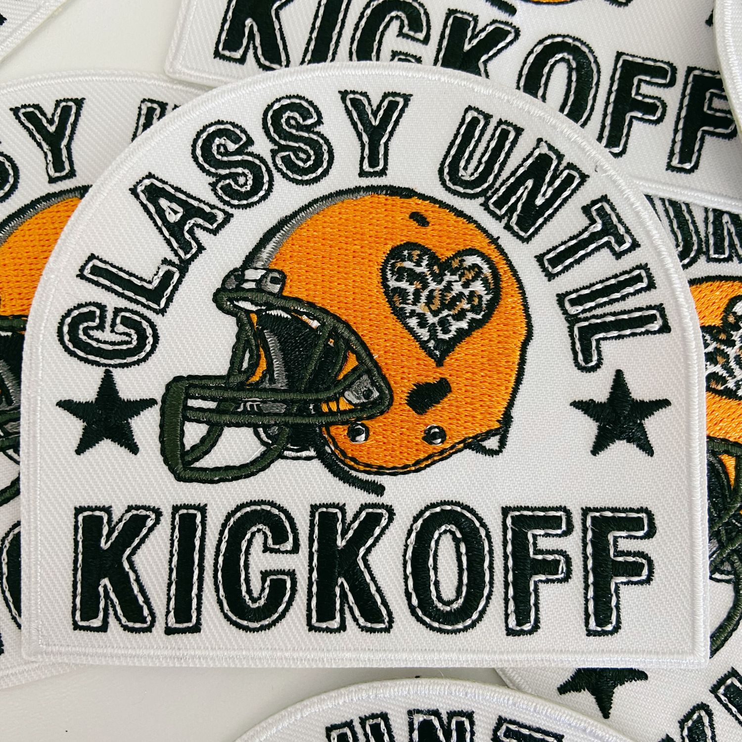3.5" Classy Until Kickoff ORANGE -  Embroidered Hat Patch (3.5"w X 3.25"h): QTY 1