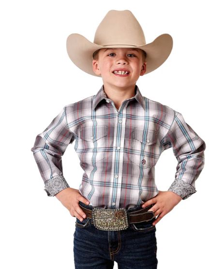 Roper Boys Amarillo Grey Plaid L/S Shirt, Size: XS