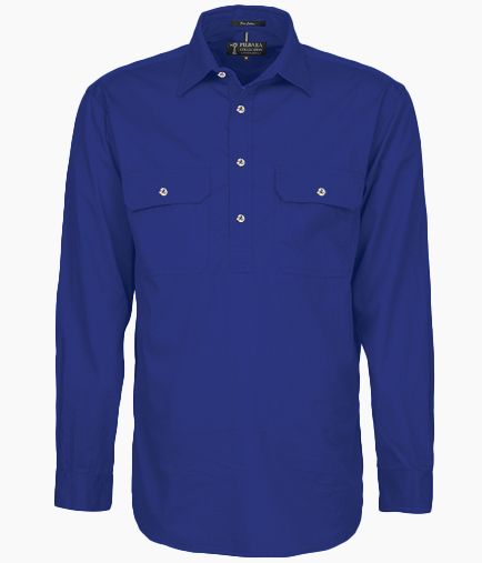 Mens Pilbara Closed Front L/S Royal, Size: L