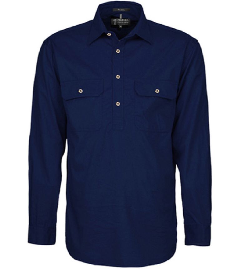 Mens Pilbara Closed Front L/S Shirt Fren Navy, Size: L