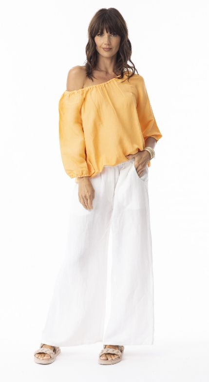 Linen Solid Top Gather Neck 3/4 slv