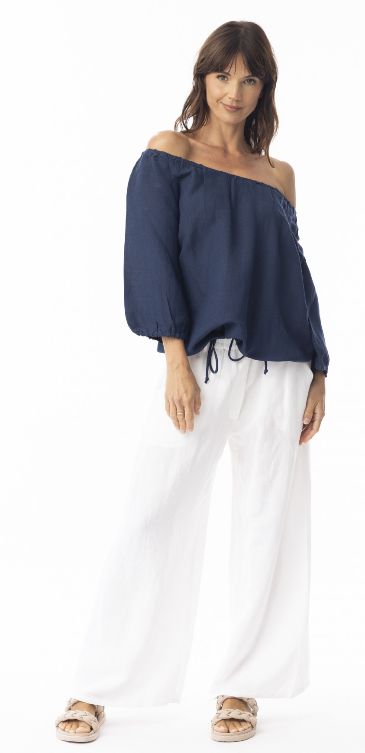Linen Solid Top Gather Neck 3/4 slv, Colour: Navy, Size: 8
